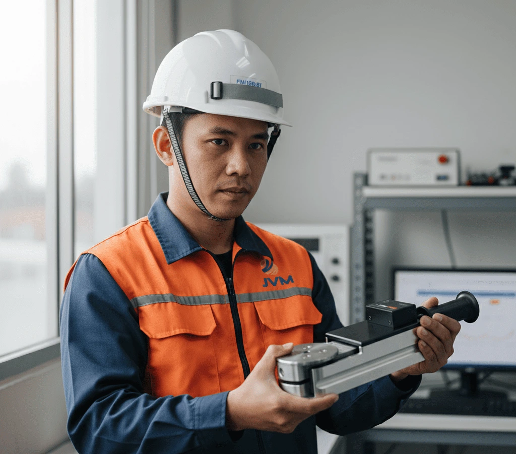 Teknisi Indonesia menggunakan FM100-BT untuk mengukur gaya tutup pintu otomatis kaca dengan tampilan grafik pada tablet di area lobby gedung modern.