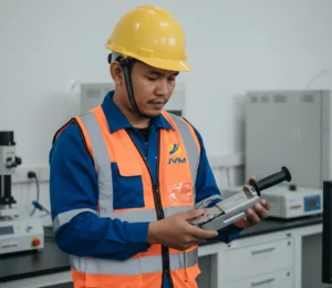 Teknisi Indonesia sedang mengukur gaya tutup pintu otomatis kaca menggunakan Closing Force Transducer FM100 di gedung perkantoran modern dengan laptop menampilkan grafik hasil pengukuran.