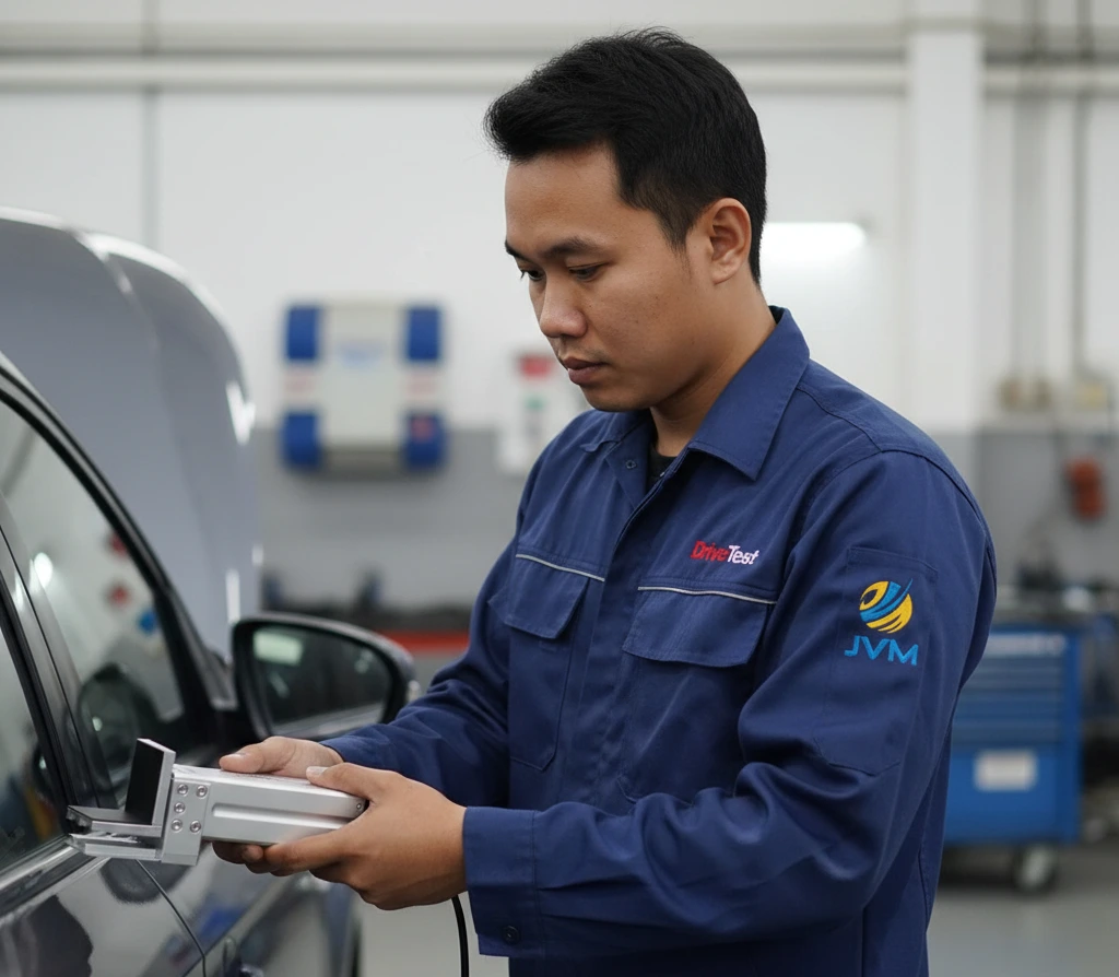 Teknisi otomotif Indonesia mengukur gaya jepit power window menggunakan FM200/10 Closing Force Transducer dengan display SEB2 dan laptop analisis di workshop produksi kendaraan.