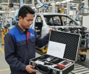 Teknisi Indonesia menguji gaya jepit kaca mobil menggunakan alat FM205/20 di lini produksi otomotif dengan perangkat terpasang pada pintu kendaraan.