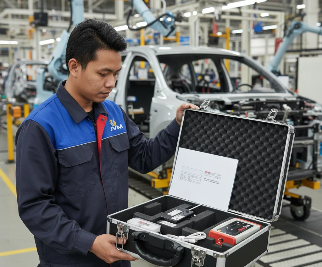 Teknisi Indonesia menguji gaya jepit kaca mobil menggunakan alat FM205/20 di lini produksi otomotif dengan perangkat terpasang pada pintu kendaraan.