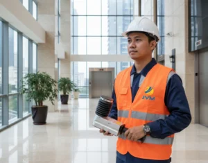 Teknisi elevator Indonesia mengukur gaya tutup pintu lift menggunakan FM300 dengan unit sensor terpasang di antara daun pintu dan display data logger di area lobby gedung.