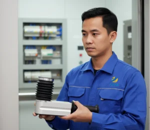 Teknisi elevator Indonesia mengukur gaya penutupan pintu lift menggunakan FM300 BT dengan tablet menampilkan grafik hasil pengukuran di dalam kabin lift modern.