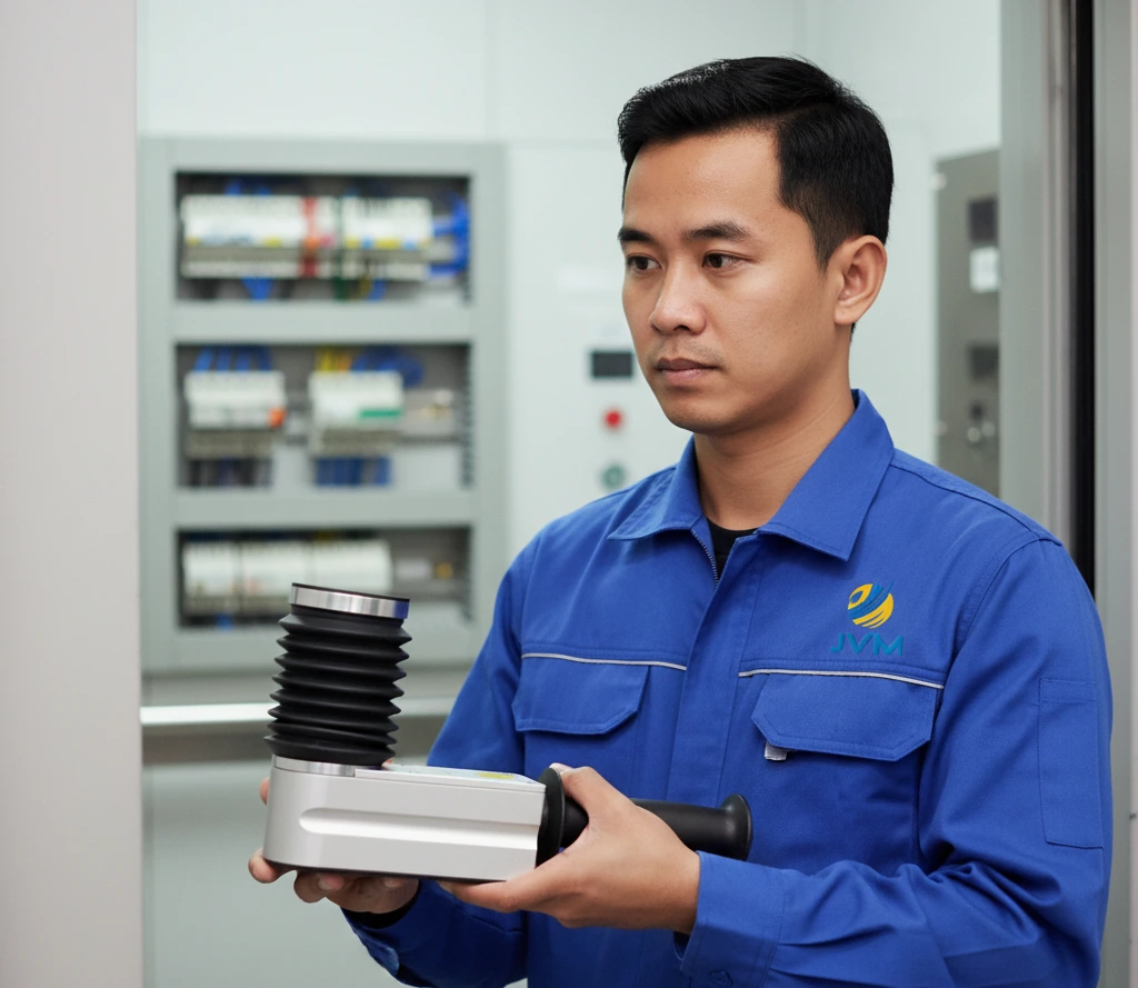 Teknisi elevator Indonesia mengukur gaya penutupan pintu lift menggunakan FM300 BT dengan tablet menampilkan grafik hasil pengukuran di dalam kabin lift modern.