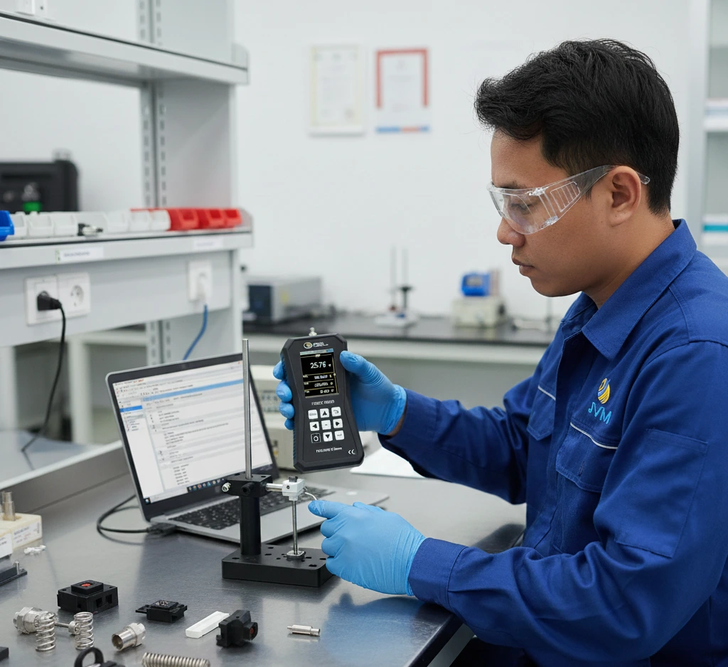 Teknisi QC Indonesia menggunakan Dynamometer PCE-DFG 500 X untuk mengukur gaya tarik dan tekan pada komponen industri di laboratorium quality control.