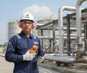 Teknisi Indonesia menggunakan CO2 Analyzer Gasman portable di area pabrik oil dan gas untuk memantau kadar karbon dioksida sebelum memasuki ruang terbatas.