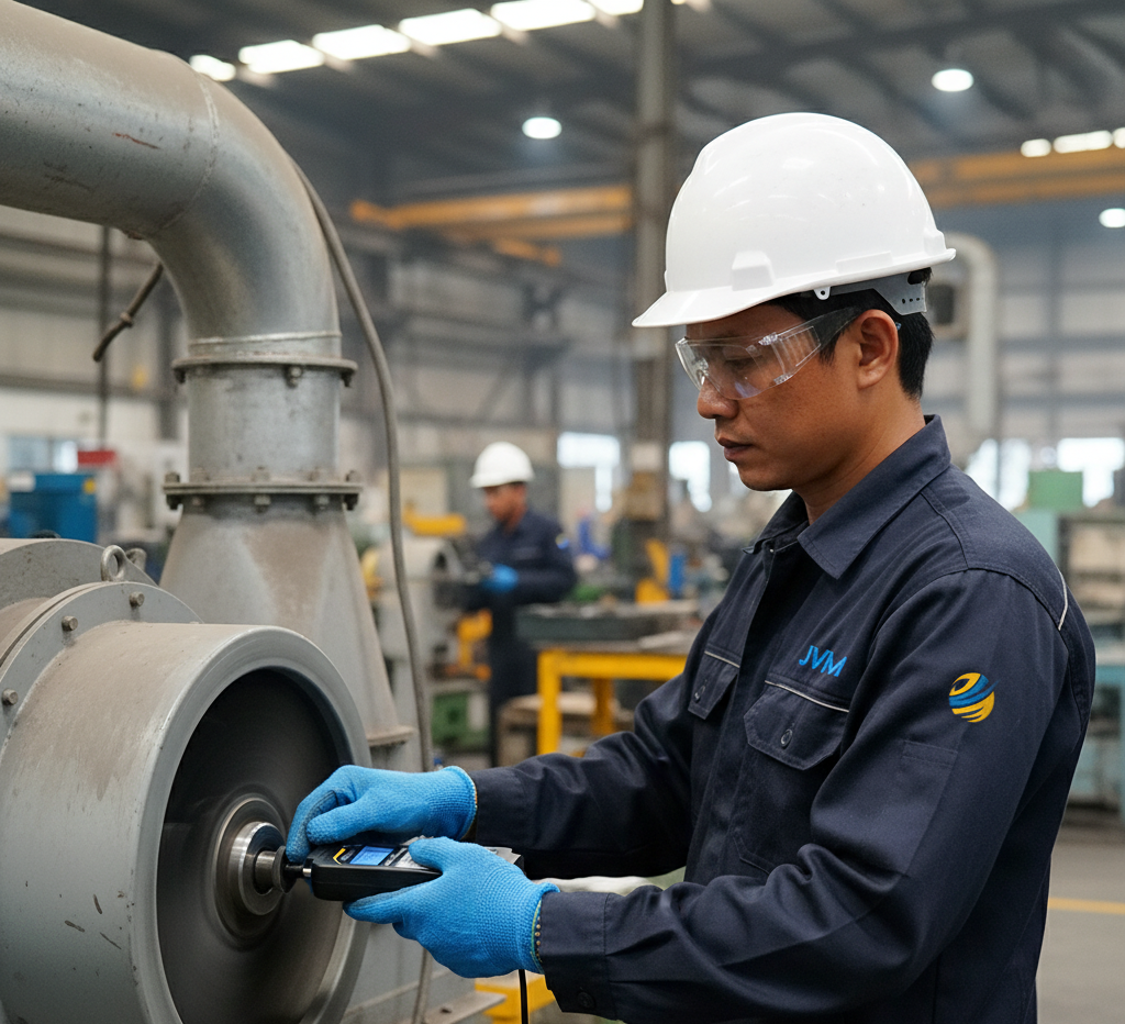 Teknisi Indonesia mengukur kecepatan putaran blower menggunakan tachometer digital handheld di lingkungan industri