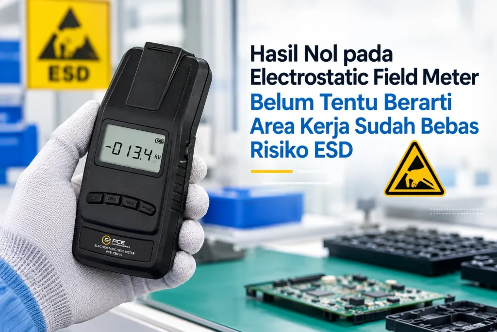 Electrostatic field meter PCE-PSM 10 menunjukkan pembacaan tegangan elektrostatik pada area kerja elektronik dengan simbol peringatan ESD.