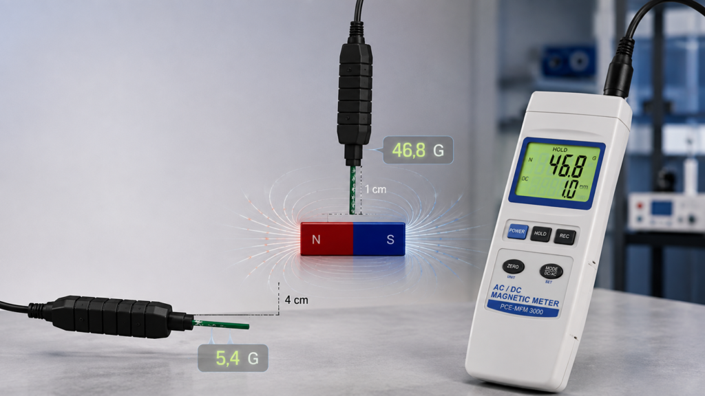 PCE-MFM 3000 mengukur medan magnet pada jarak berbeda, dengan pembacaan 46,8 G pada jarak 1 cm dan 5,4 G pada jarak 4 cm.