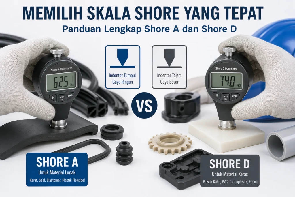 Perbandingan pengukuran kekerasan material menggunakan durometer Shore A dan Shore D pada karet lunak serta plastik keras untuk kontrol kualitas industri.