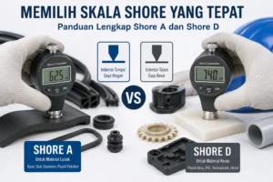 Perbandingan pengukuran kekerasan material menggunakan durometer Shore A dan Shore D pada karet lunak serta plastik keras untuk kontrol kualitas industri.