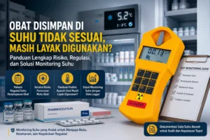 Feature image menampilkan lemari penyimpanan obat dengan indikator suhu 2–8°C, berbagai produk farmasi seperti vaksin dan obat, serta data logger berwarna kuning sebagai solusi monitoring suhu untuk memastikan mutu obat tetap terjaga sesuai regulasi penyimpanan.