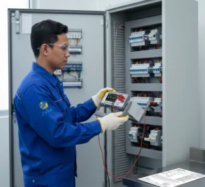 Teknisi listrik Indonesia memegang Electrical Tester PCE-PA 7500-ICA untuk mengukur parameter listrik dua kanal pada panel industri.