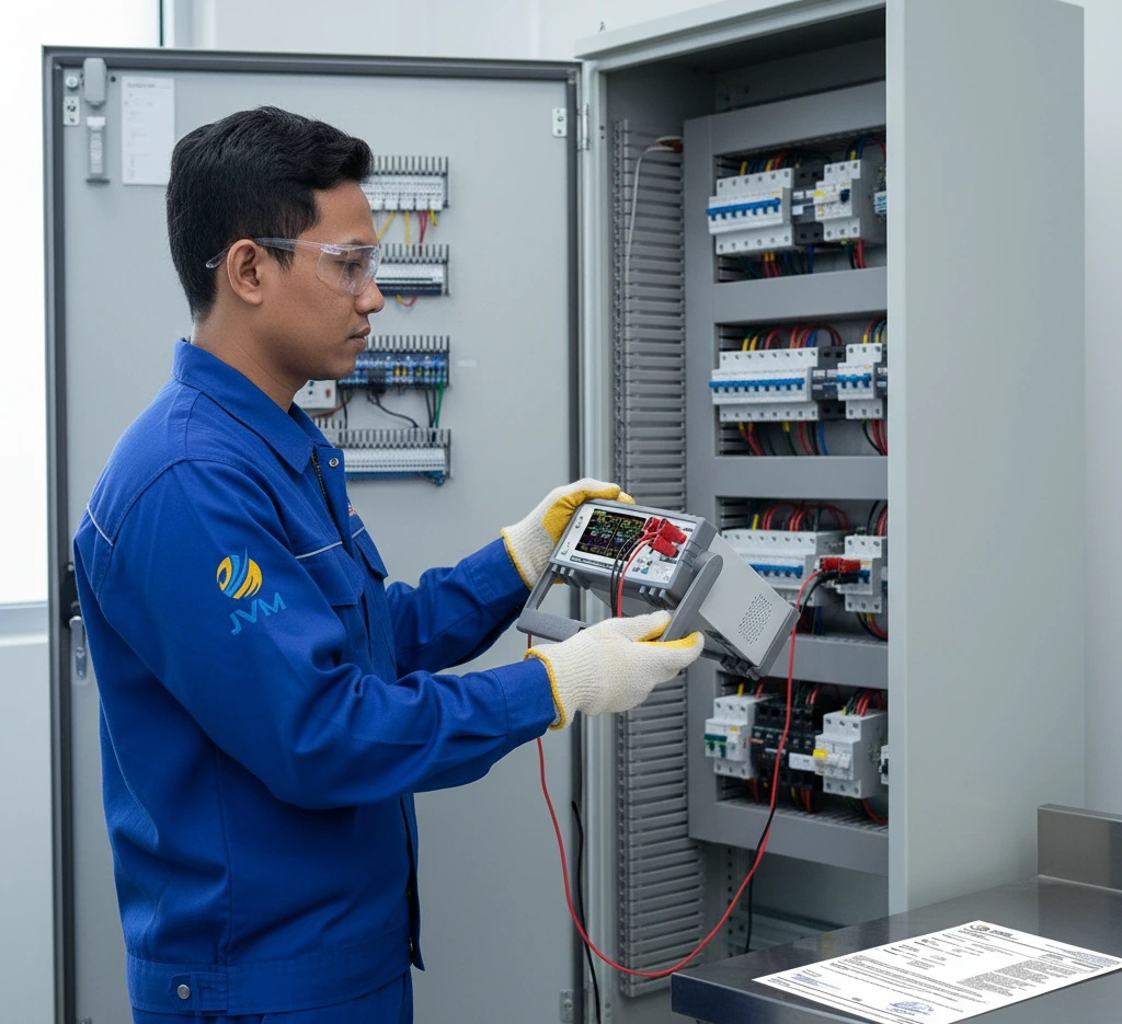 Teknisi listrik Indonesia memegang Electrical Tester PCE-PA 7500-ICA untuk mengukur parameter listrik dua kanal pada panel industri.