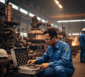 Teknisi QC Indonesia mengukur kekerasan permukaan sambungan pipa FRP menggunakan Barcol Hardness Tester PCE-1000N dengan layar LCD menyala di area workshop inspeksi.