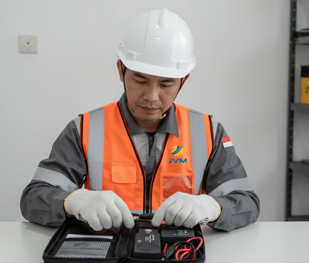 Teknisi Indonesia menggunakan receiver PCE-160 CB untuk menelusuri jalur kabel di dinding sebelum pengeboran, dengan transmitter terhubung ke junction box menggunakan crocodile clips.