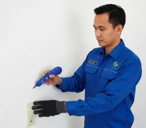 Teknisi listrik Indonesia menggunakan PCE-180 CBN untuk menelusuri jalur kabel tersembunyi di dinding sebelum pengeboran, dengan tone generator terhubung ke kabel dan amplifier probe ditempelkan pada permukaan dinding.