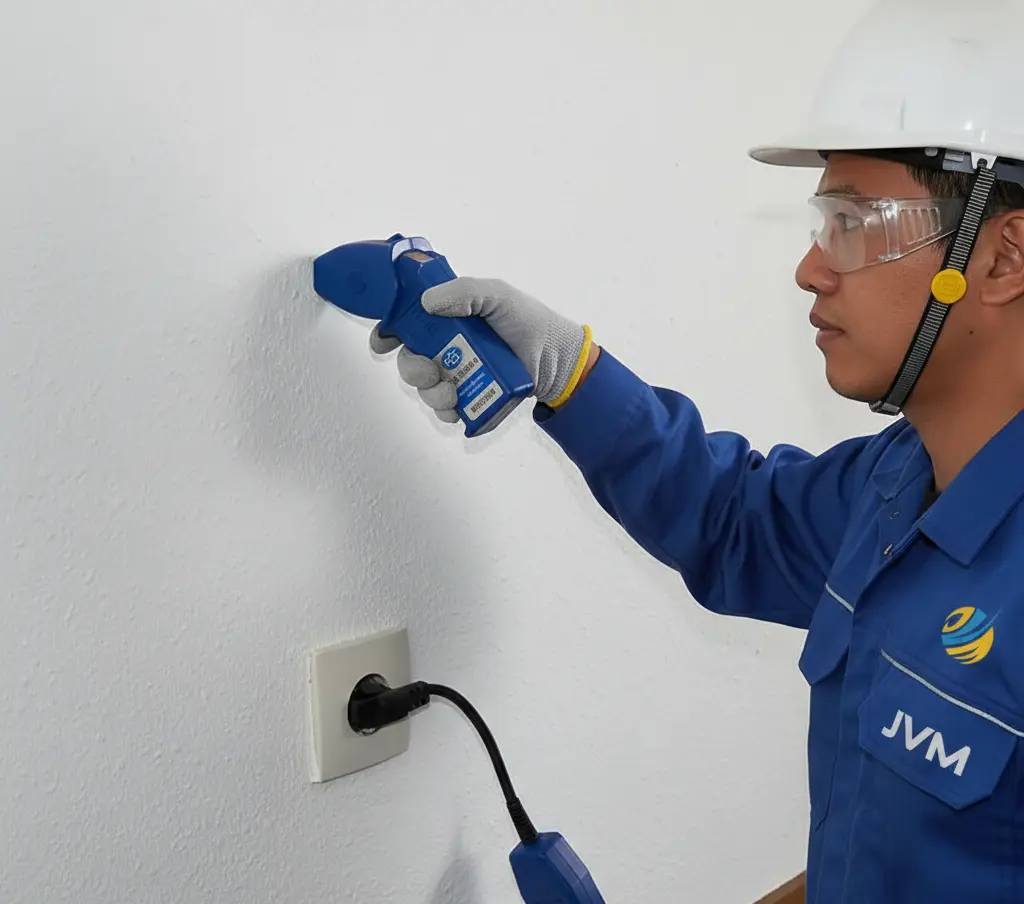 Teknisi listrik Indonesia memindai deretan MCB di panel menggunakan receiver PCE-191 CB, sementara transmitter PCE-191 CB terpasang pada stop kontak di dinding untuk membantu identifikasi sirkuit.