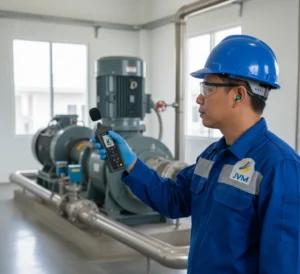 Teknisi Indonesia menggunakan sound level meter PCE-322A untuk mengukur kebisingan di instalasi pengolahan air
