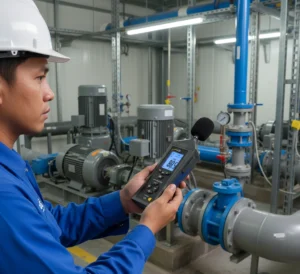 Teknisi Indonesia menggunakan sound level meter PCE-322ALEQ untuk mengukur kebisingan mesin pompa di instalasi pengolahan air.