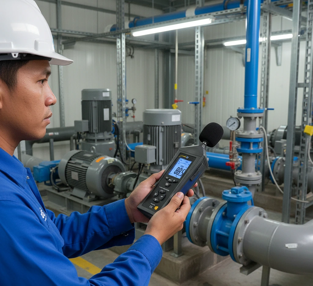 Teknisi Indonesia menggunakan sound level meter PCE-322ALEQ untuk mengukur kebisingan mesin pompa di instalasi pengolahan air.