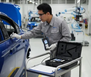 Foto menampilkan teknisi QC Indonesia sedang mengukur ketebalan cat pada panel pintu mobil menggunakan PCE-CT 80-FN3-ICA dengan probe eksternal, sementara koper alat terbuka memperlihatkan calibration foils dan calibration plates