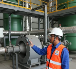 Teknisi Indonesia mengukur kebisingan menggunakan sound level meter di area industri dengan latar mesin produksi