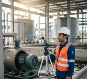 Teknisi Indonesia menggunakan sound level meter PCE-323 di area blower instalasi pengolahan air untuk mengukur tingkat kebisingan secara akurat