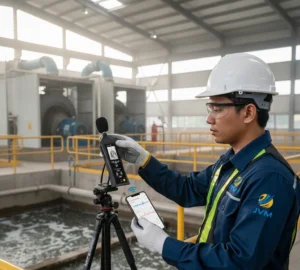 Teknisi Indonesia menggunakan sound level meter PCE-323-ICA pada tripod untuk mengukur kebisingan blower di area WWTP sambil memantau data live dari smartphone.