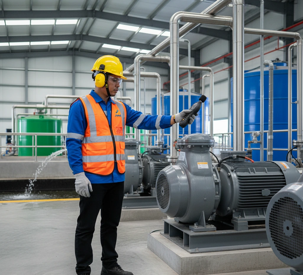 Teknisi Indonesia menggunakan sound level meter PCE-324 untuk mengukur kebisingan pompa di instalasi pengolahan air