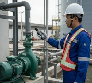 Teknisi Indonesia menggunakan sound level meter portabel untuk mengukur kebisingan mesin pompa di instalasi pengolahan air