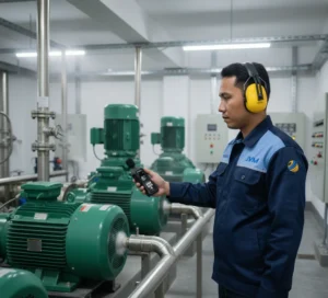 Teknisi Indonesia menggunakan sound level meter untuk mengukur kebisingan mesin industri di instalasi pengolahan air