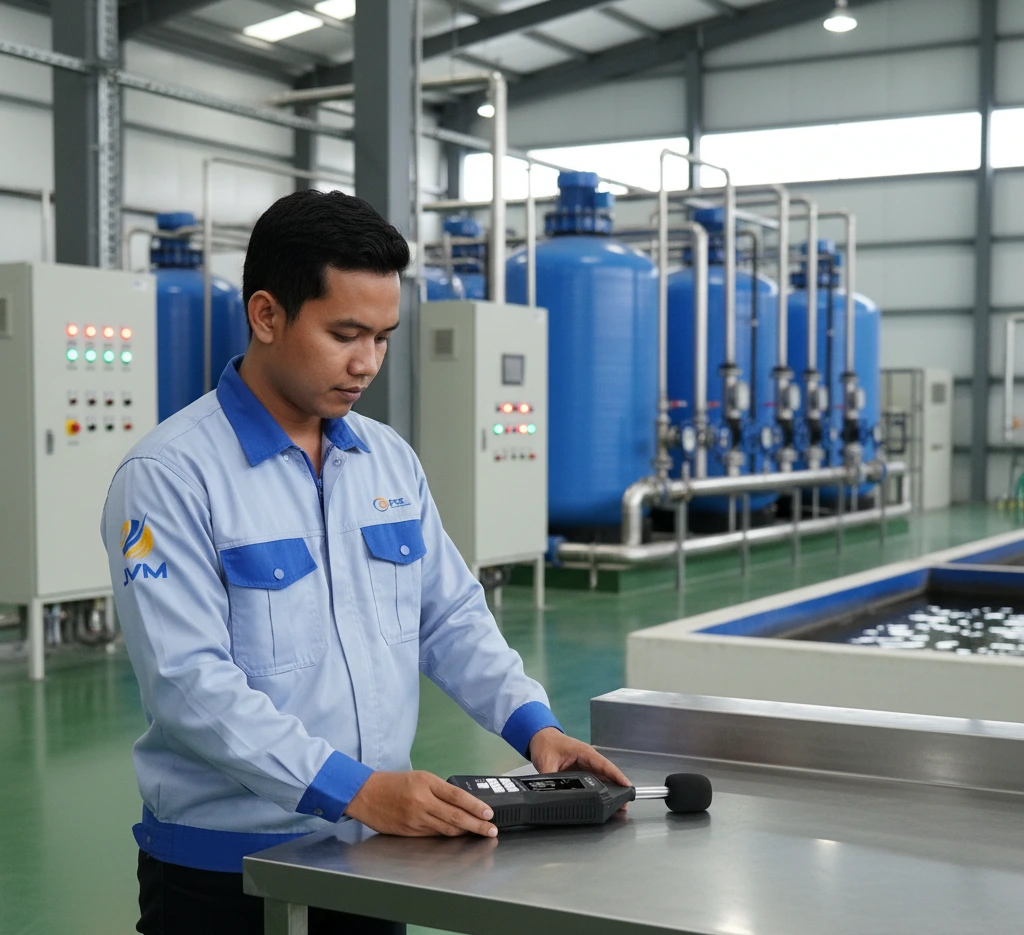 Teknisi Indonesia menggunakan sound level meter PCE-325D untuk mengukur kebisingan mesin di instalasi pengolahan air