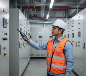 Teknisi HVAC Indonesia menggunakan climate meter PCE-330 untuk mengukur suhu dan kelembapan udara di ruang mekanikal gedung perkantoran.