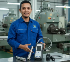 Teknisi menggunakan PCE-3500 untuk mengukur kekerasan logam di workshop