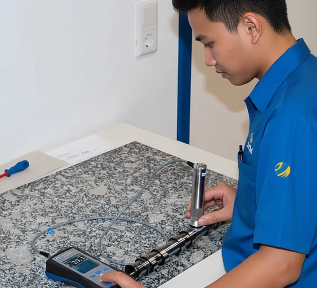 Teknisi menggunakan hardness tester PCE-3500 pada komponen logam di workshop industri
