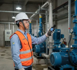 Teknisi Indonesia menggunakan sound level meter di area pompa industri untuk mengukur kebisingan