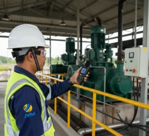 Teknisi Indonesia mengukur kebisingan mesin menggunakan sound level meter di instalasi pengolahan air