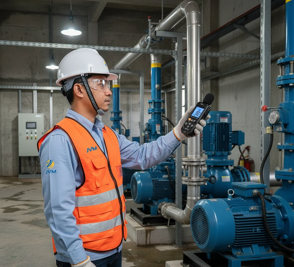 Teknisi Indonesia menggunakan sound level meter di area pompa industri untuk mengukur kebisingan