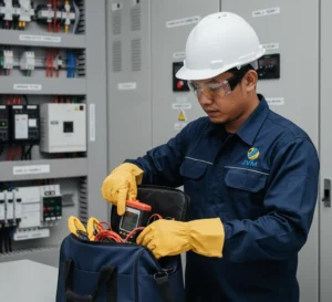 Foto teknisi listrik Indonesia memakai APD lengkap sedang mengukur panel distribusi menggunakan clamp meter PCE-360, dengan current clamp terpasang pada konduktor feeder dan measuring leads terhubung ke titik ukur tegangan untuk investigasi faktor daya dan kualitas daya.