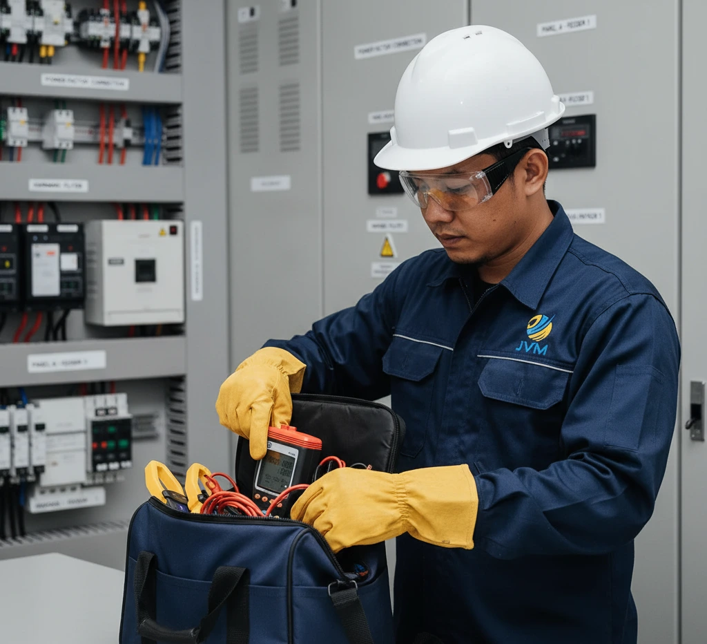 Foto teknisi listrik Indonesia memakai APD lengkap sedang mengukur panel distribusi menggunakan clamp meter PCE-360, dengan current clamp terpasang pada konduktor feeder dan measuring leads terhubung ke titik ukur tegangan untuk investigasi faktor daya dan kualitas daya.