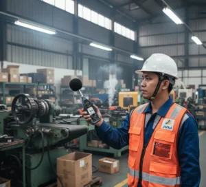 Teknisi Indonesia menggunakan sound level meter PCE-428 dengan mikrofon berpelindung busa di area workshop industri untuk mengukur tingkat kebisingan mesin produksi.