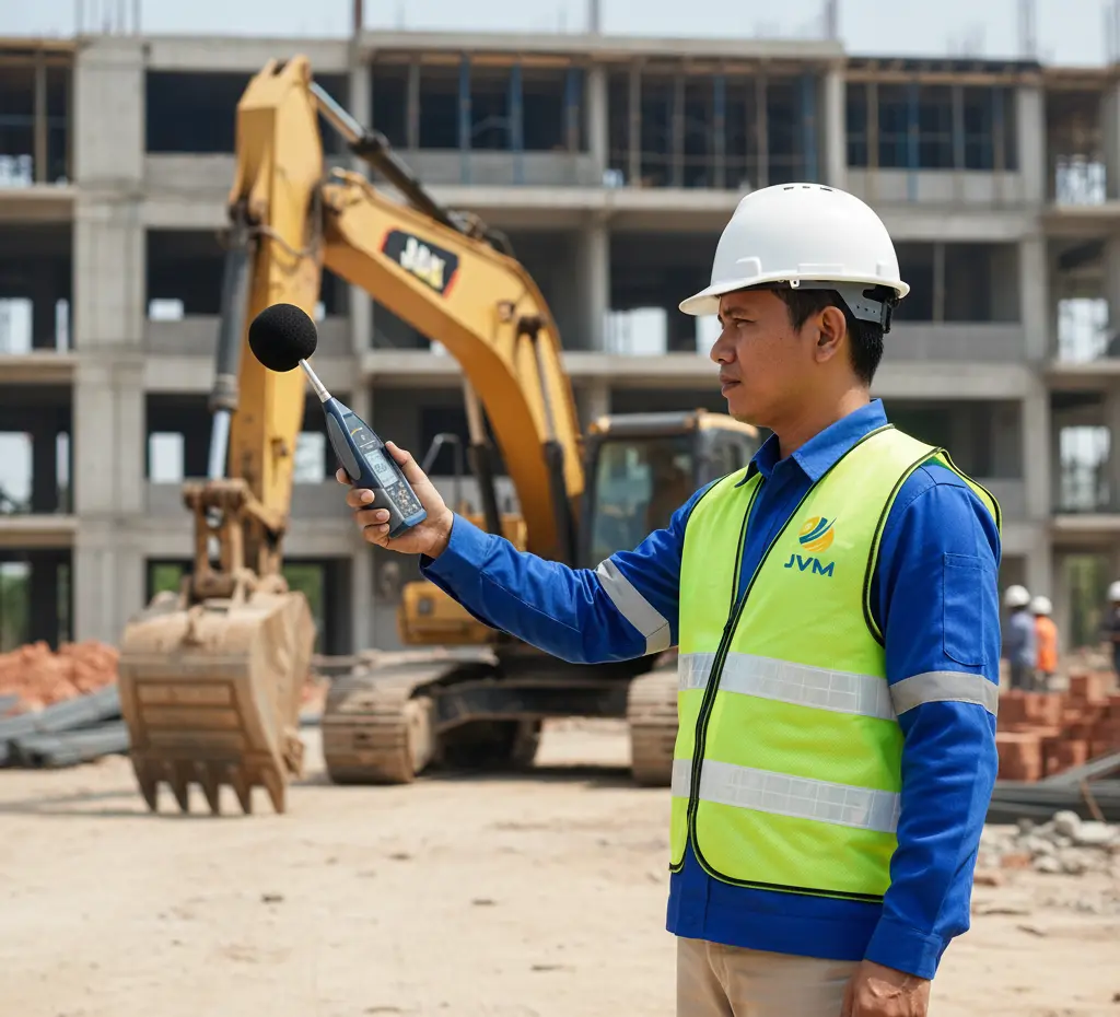 Safety Officer Indonesia menggunakan PCE-428 sound level meter dengan windscreen di area proyek konstruksi untuk mengukur tingkat kebisingan alat berat.