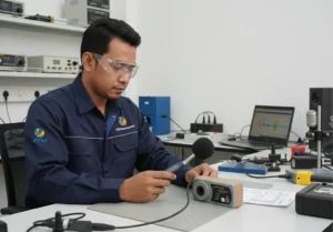 HSE Officer Indonesia sedang melakukan pengukuran kebisingan menggunakan decibel meter PCE-428 di area pabrik dengan mesin industri di belakangnya.