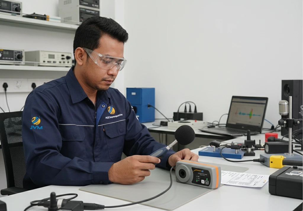 HSE Officer Indonesia sedang melakukan pengukuran kebisingan menggunakan decibel meter PCE-428 di area pabrik dengan mesin industri di belakangnya.