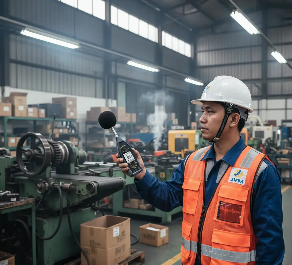 Teknisi Indonesia menggunakan sound level meter PCE-428 dengan mikrofon berpelindung busa di area workshop industri untuk mengukur tingkat kebisingan mesin produksi.