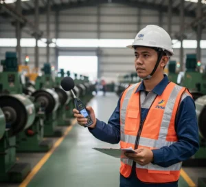Peneliti Indonesia menggunakan sound level meter Class 1 PCE-432 dengan windscreen untuk mengukur kebisingan mesin industri di area produksi.