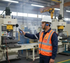 Teknisi K3 Indonesia menggunakan sound level meter PCE-432 dengan windscreen di area pabrik untuk mengukur tingkat kebisingan mesin industri.