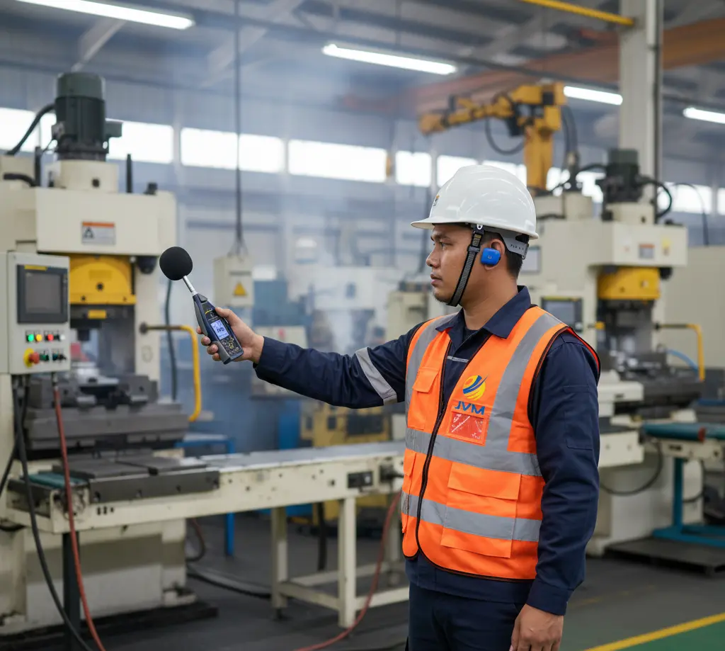 Teknisi K3 Indonesia menggunakan sound level meter PCE-432 dengan windscreen di area pabrik untuk mengukur tingkat kebisingan mesin industri.