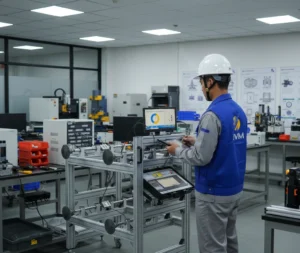 Teknisi Indonesia menggunakan Closing Force Transducer PCE-4PCFM untuk mengukur distribusi gaya clamp empat titik di laboratorium teknik industri dengan layar sentuh warna aktif menampilkan data gaya.